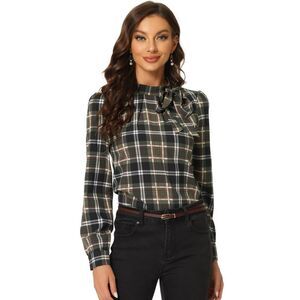 Bow Tie Neck Grid Checks Shirt Office Work Tops Blouses Brown Black